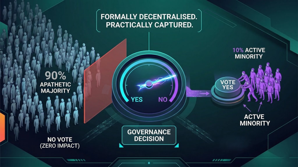 Infographic showing how a 10% active minority controls DAO governance decisions because of a 90% apathetic majority, resulting in a captured crypto system.