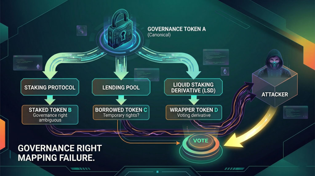 Process flow infographic illustrating DeFi composability risks where governance rights are exploitable via liquid staking derivatives and lending protocols.