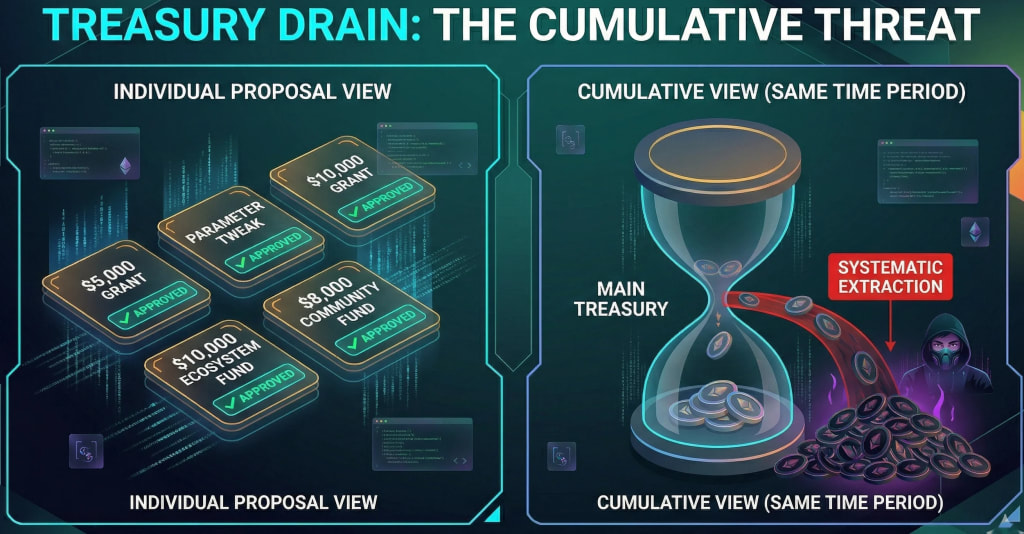 Comparison infographic: Individual benign proposals (left) versus the massive cumulative treasury drain exploit (right) over time in a DAO.