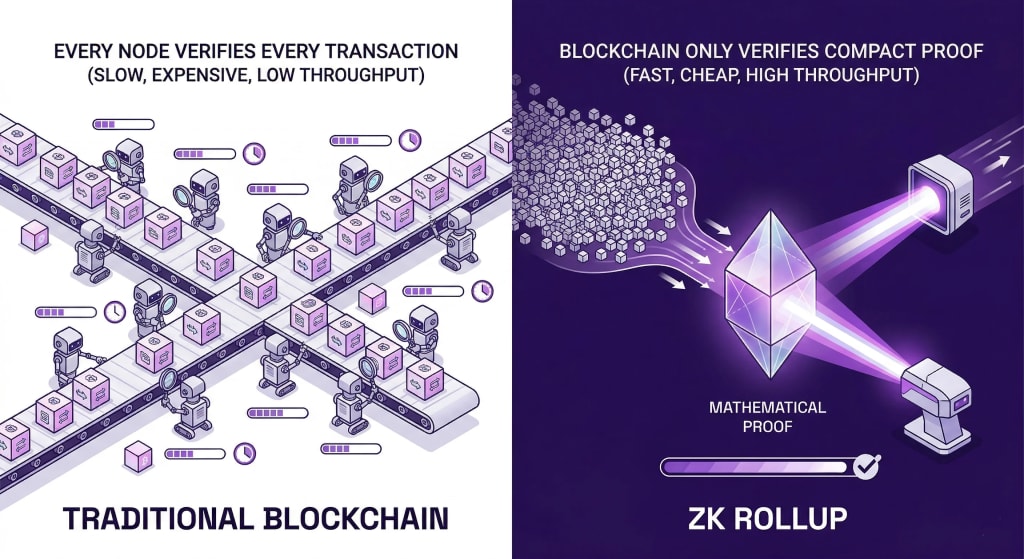 Infographic comparing traditional blockchain transaction re-execution versus ZK rollup mathematical verification efficiency.