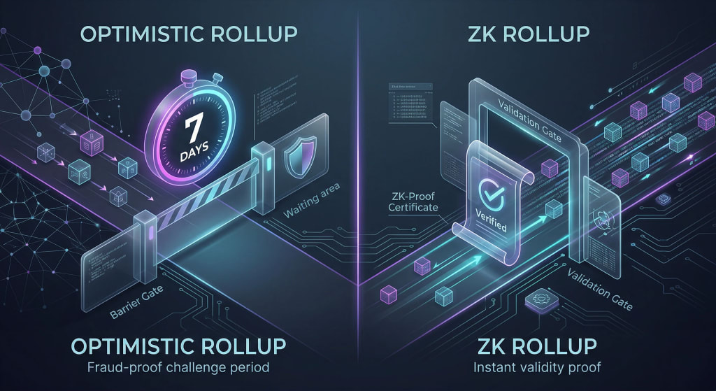 Comparison diagram of ZK Rollups vs Optimistic Rollups showing immediate cryptographic validity vs seven-day fraud-proof challenge windows.