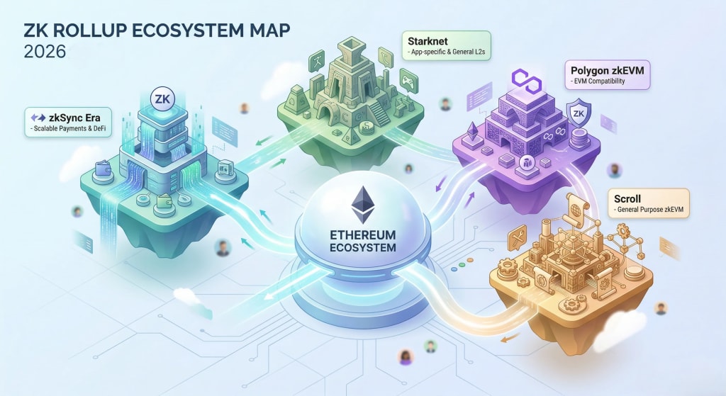 Ecosystem map of 2026 ZK rollup platforms including zkSync Era, Starknet, and Polygon zkEVM for web3 developers.