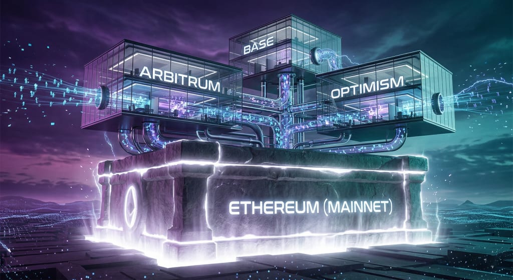 Cinematic concept art visualizing the relationship between Ethereum Layer 1 as a secure "Vault" base, and Arbitrum, Base, and Optimism Layer 2 networks as scalable "Office" structures built on top.