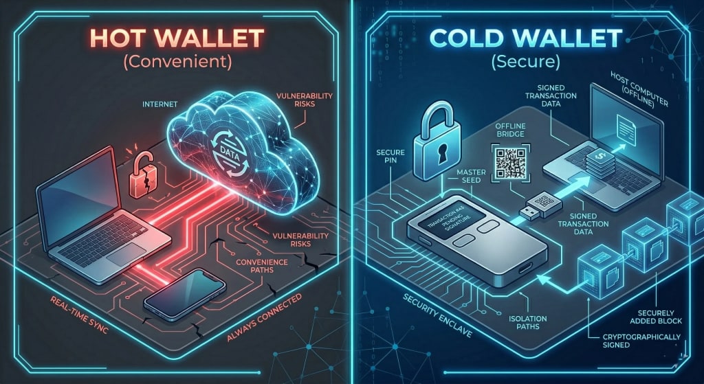 Security diagram: Hot wallet (internet connected, higher risk) vs Cold wallet (hardware, offline key storage, high security).