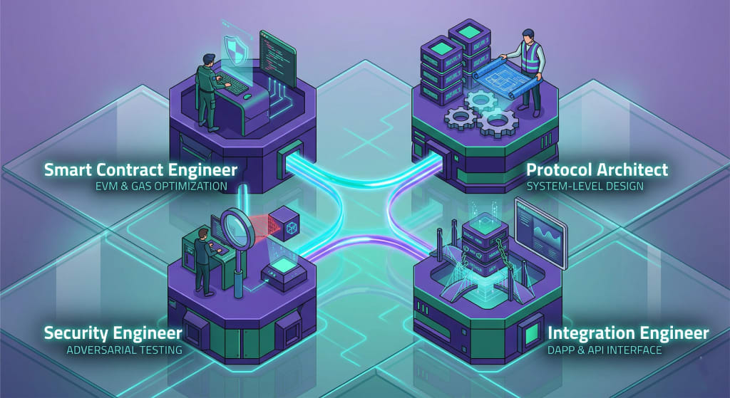 An isometric diagram illustrating the four core roles of a specialized blockchain engineering team: Smart Contract Engineers, Protocol Architects, Security Engineers, and Integration Engineers.