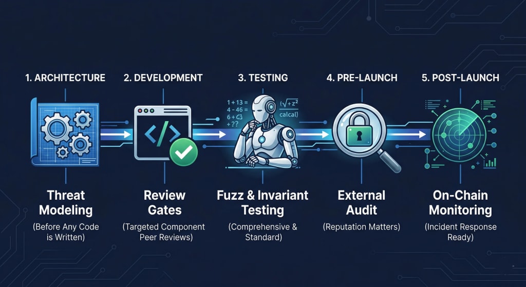 An infographic illustrating the five critical stages of a security-first blockchain development process, including threat modeling, review gates, fuzz testing, external audits, and on-chain monitoring.