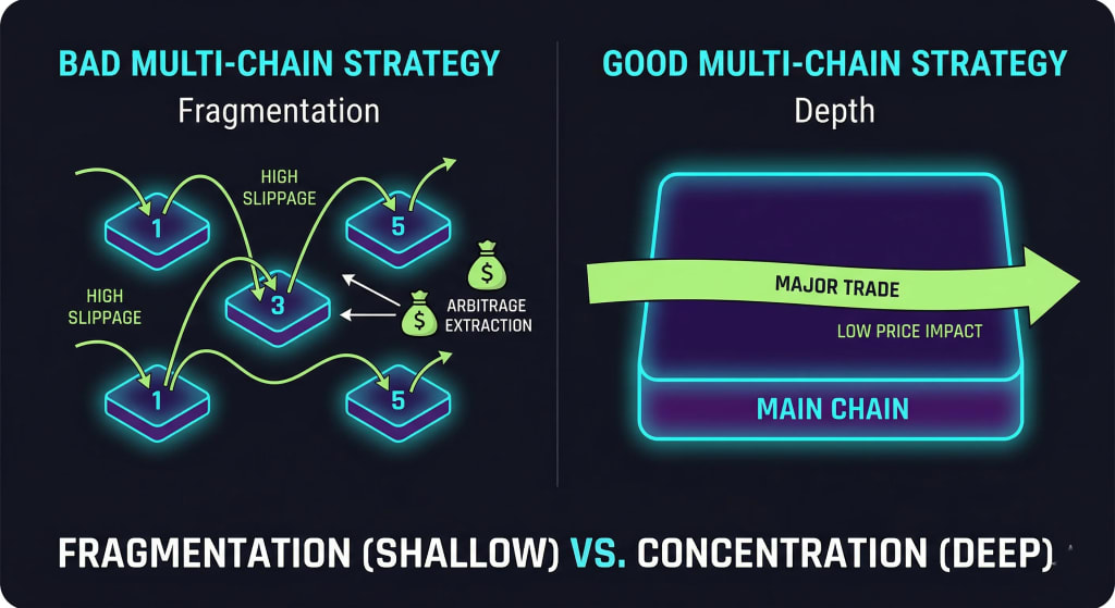Infographic comparing bad multi-chain liquidity strategy (fragmentation across five chains with high slippage) vs. good multi-chain strategy (concentrating depth on one chain with low price impact). EthElite Blockchain Services.