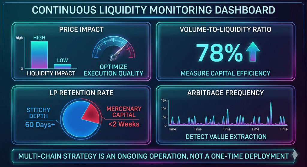Infographic dashboard for continuous monitoring of multi-chain liquidity. Tracks four metrics: Price Impact, Volume-to-Liquidity Ratio, LP Retention Rate (Sticky vs. Mercenary Capital), and Arbitrage Frequency. EthElite Operations.