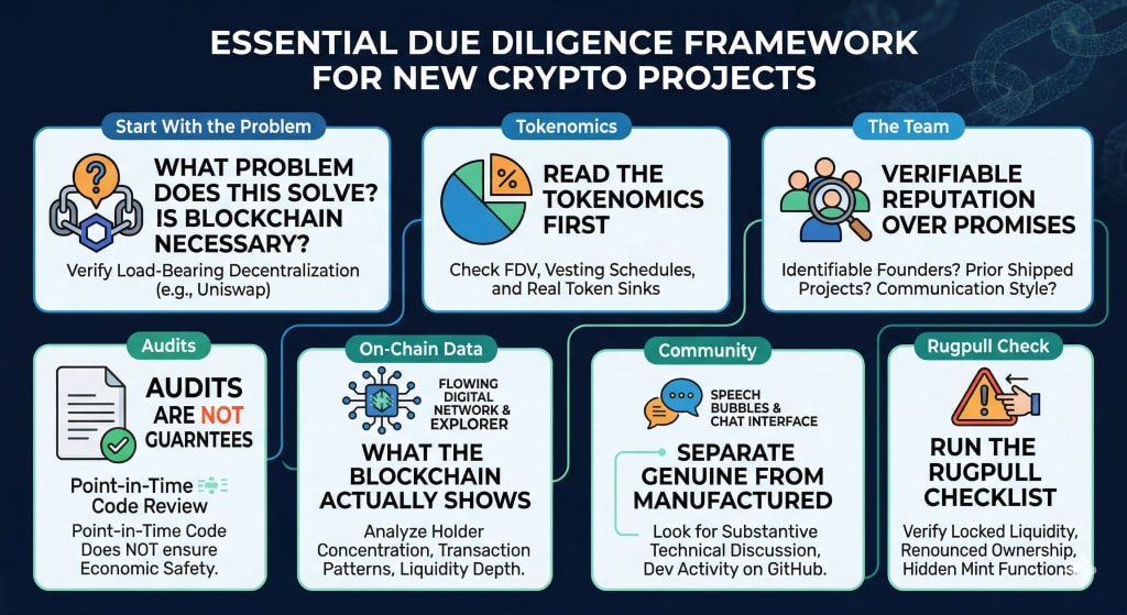 Diagram illustrating a crypto due diligence framework filtering a real-world problem from a speculative token.