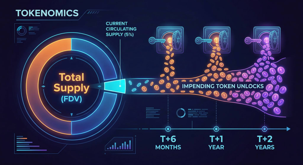 Tokenomics chart showing small circulating supply compared to large future token unlocks and fully diluted valuation.