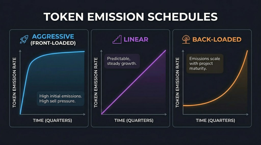Comparison graph of front-loaded vs back-loaded cryptocurrency token emission schedules.