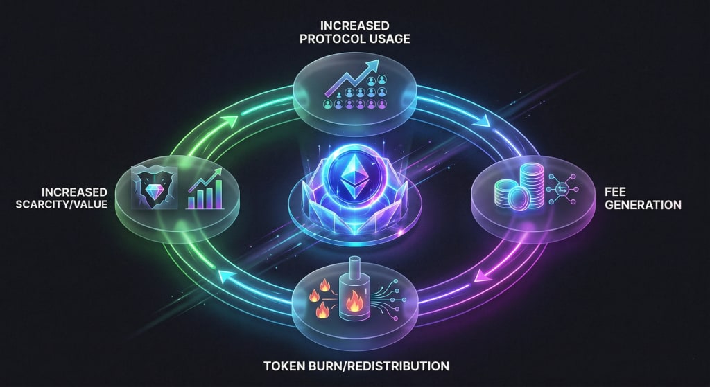 Tokenomics utility flywheel showing the relationship between protocol usage and token value.
