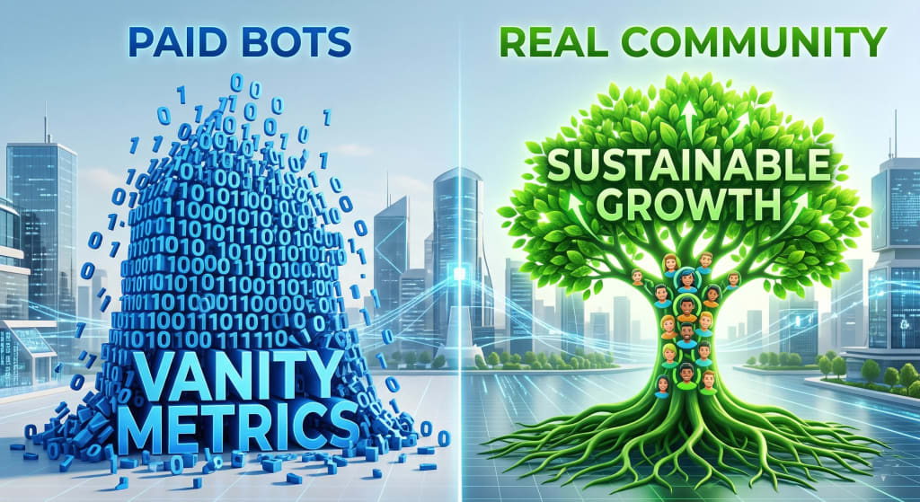 A graphic comparing fake crypto community growth using paid bots versus sustainable, authentic community growth with real people.