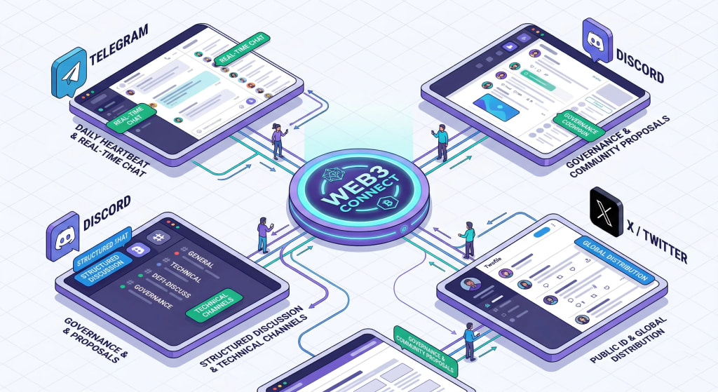 An isometric infographic illustrating the different roles of Telegram, Discord, and Twitter (X) in a Web3 project&rsquo;s community management strategy.