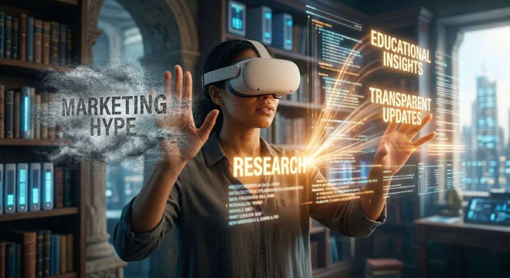 A visual metaphor showing a crypto user prioritizing educational content and transparency over generic marketing hype.