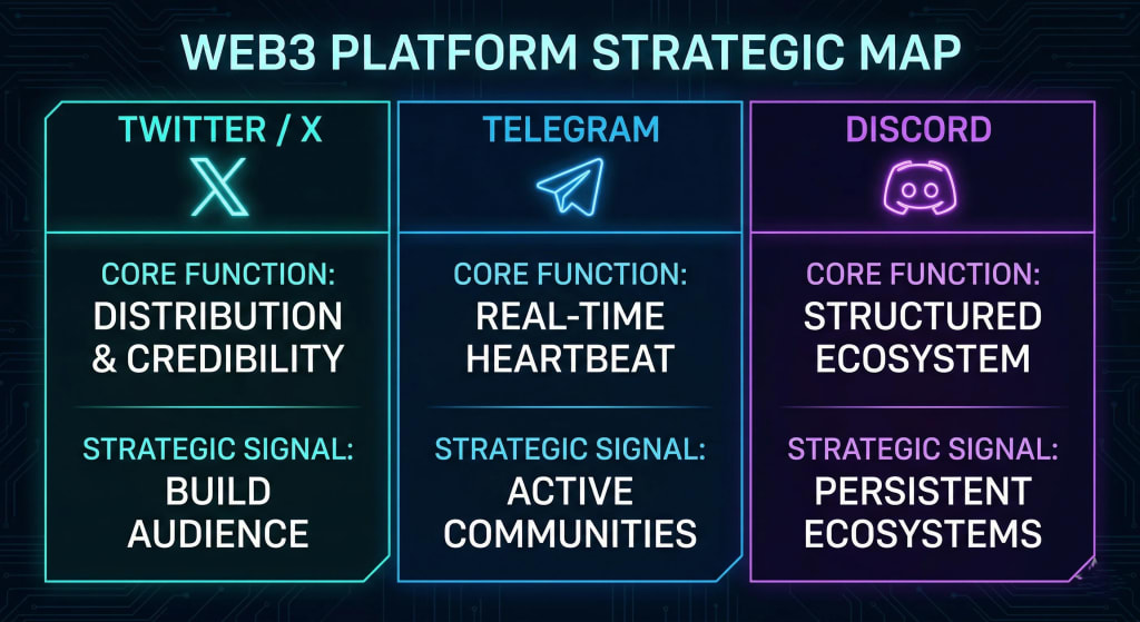An infographic mapping the core function and strategic signal of Twitter/X, Telegram, and Discord for crypto and blockchain projects.