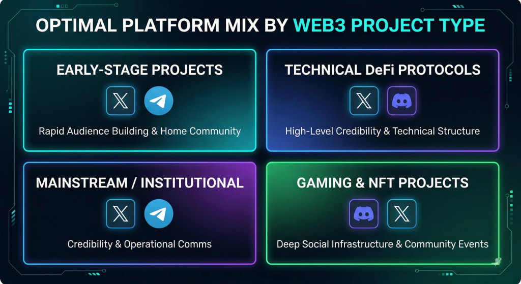 A matrix illustrating the best platform combinations (X, Telegram, Discord) for early-stage startups, DeFi protocols, institutional targets, and gaming/NFT projects.