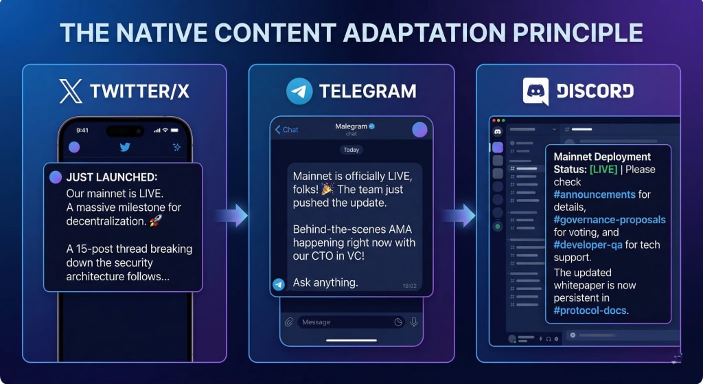 An example illustrating how the same Web3 mainnet announcement must be adapted natively for Twitter (punchy/external), Telegram (informal/real-time), and Discord (structured/persistent).