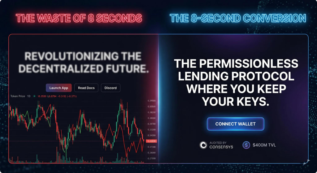 Infographic comparing a failed, confusing Web3 hero section with a high-performing, clear conversion-focused hero section.