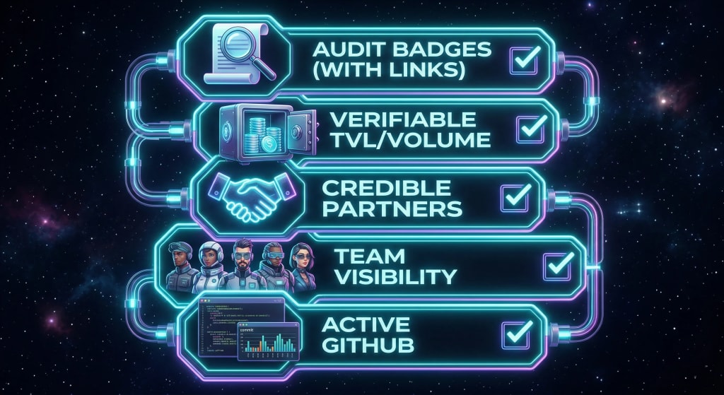 A checklist infographic showing five pillars of Web3 trust architecture: Audit Badges, Verifiable TVL, Credible Partners, Team Visibility, and Active GitHub.