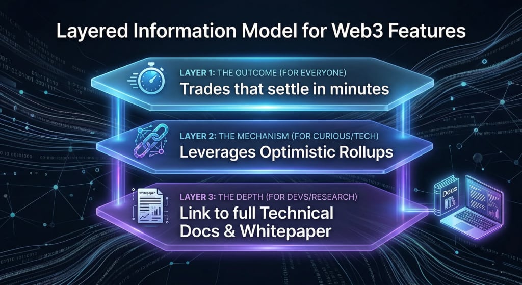 A diagram illustrating layered feature presentation: Top layer (Outcome/Retail), Middle layer (Mechanism/Tech), Bottom layer (Depth/Devs).