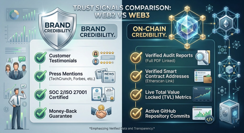 Web2 vs. Web3 trust signals comparison chart. Web2 relies on testimonials and SOC 2, while Web3 requires on-chain metrics, smart contract audits, verified addresses, and GitHub activity for credibility.