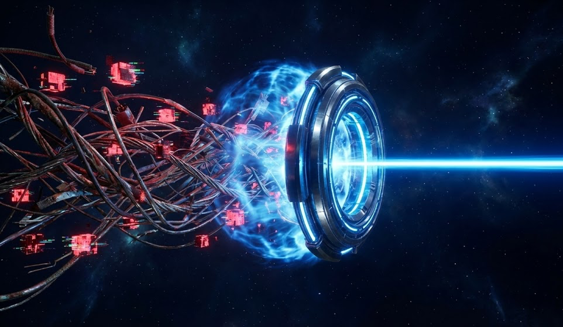 Abstract 3D illustration showing a high-tech filter transforming chaotic, complex data into a streamlined, simple beam of light, representing how blockchain consulting reduces risk and complexity.