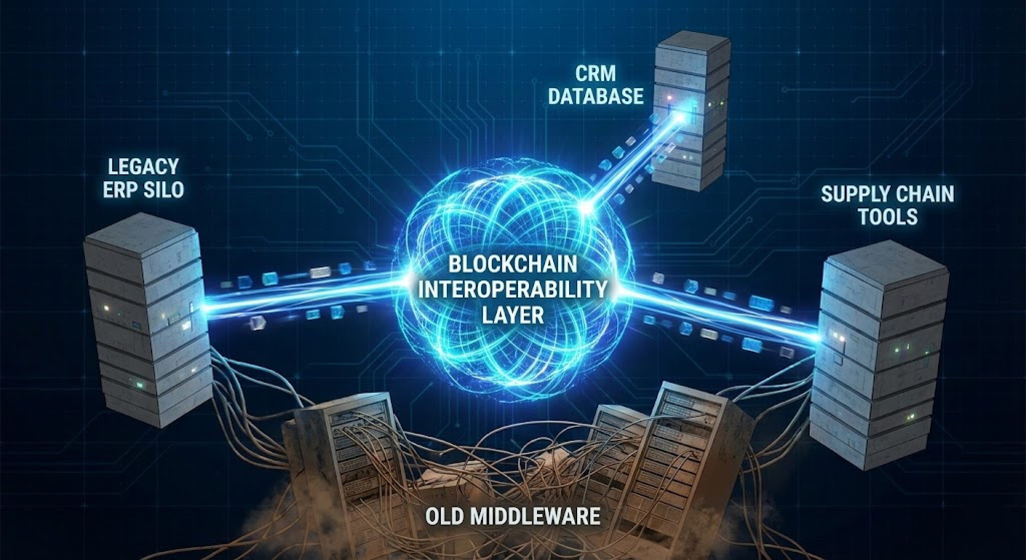Futuristic visualization of a central blockchain layer integrating disparate enterprise systems like ERP, CRM, and legacy databases to reduce integration costs.