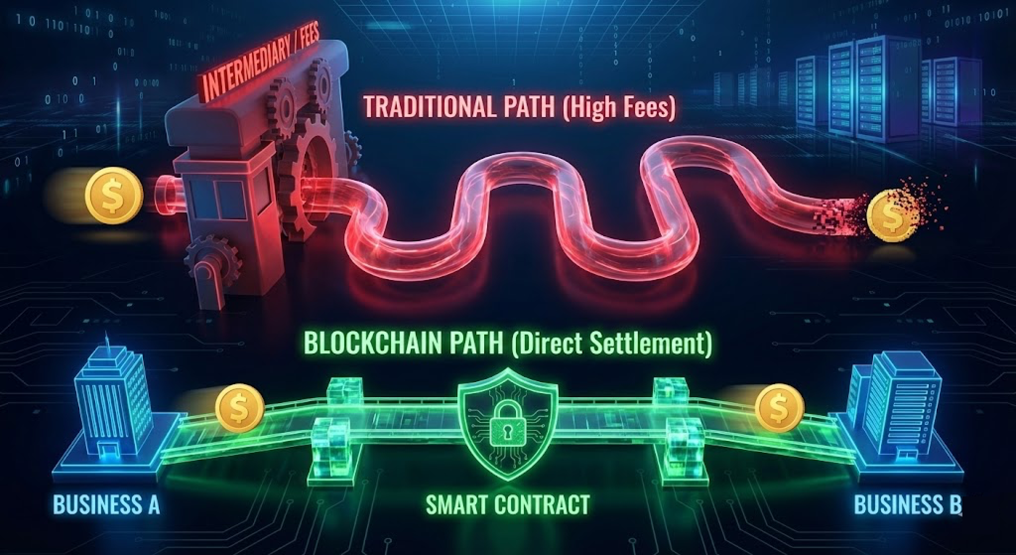 3D illustration showing how blockchain smart contracts create a direct, low-cost settlement path between businesses, bypassing expensive traditional intermediaries.