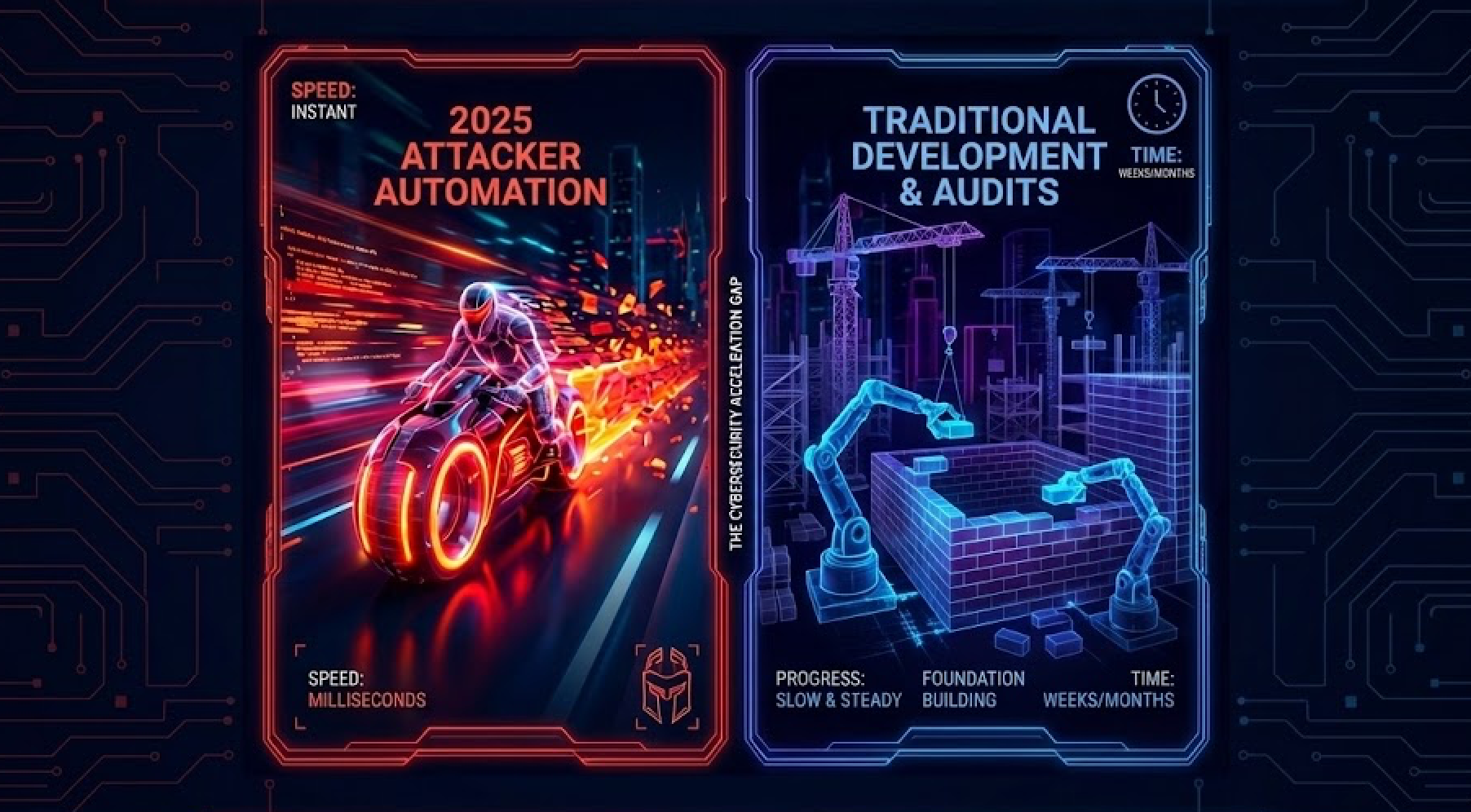 Side-by-side comparison showing 2025 attacker automation versus traditional development and audits. The left panel depicts a high-speed automated attacker represented by a neon rider moving in milliseconds, while the right panel shows slow, manual software development and security audits symbolized by construction robots and cranes taking weeks or months.