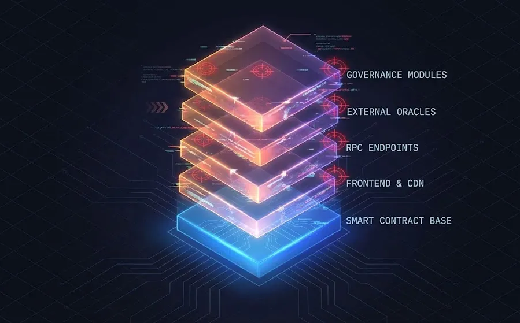 Layered blockchain architecture diagram showing a smart contract base at the foundation, connected to frontend and CDN, RPC endpoints, external oracles, and governance modules, illustrating the full infrastructure stack of a modern decentralized application.