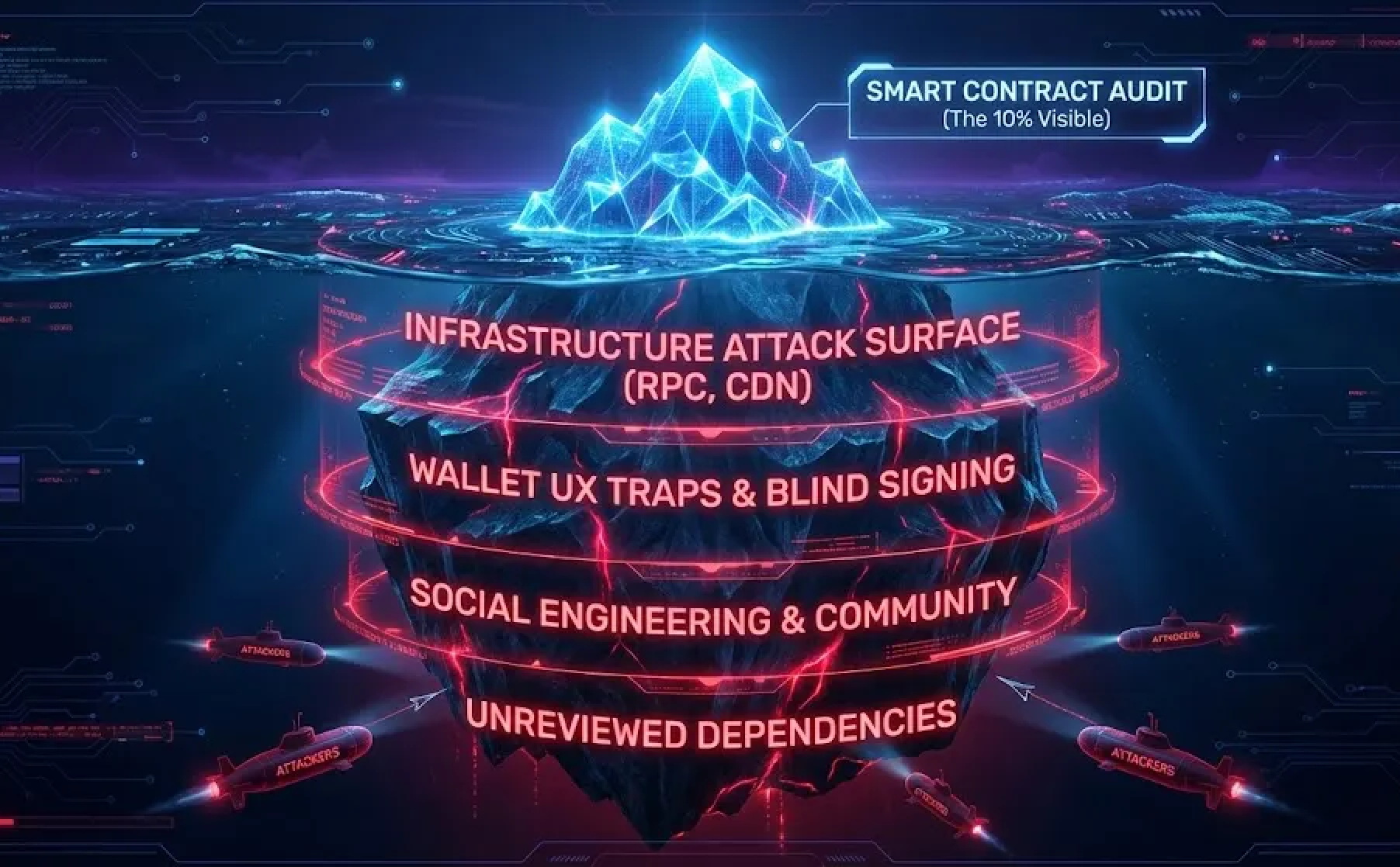 Iceberg-style security visualization showing that smart contract audits cover only the visible surface layer, while deeper hidden risk layers include infrastructure attack surfaces (RPC and CDN), wallet UX traps and blind signing, social engineering and community risks, and unreviewed dependencies, highlighting the full scope of dApp security threats in Web3.