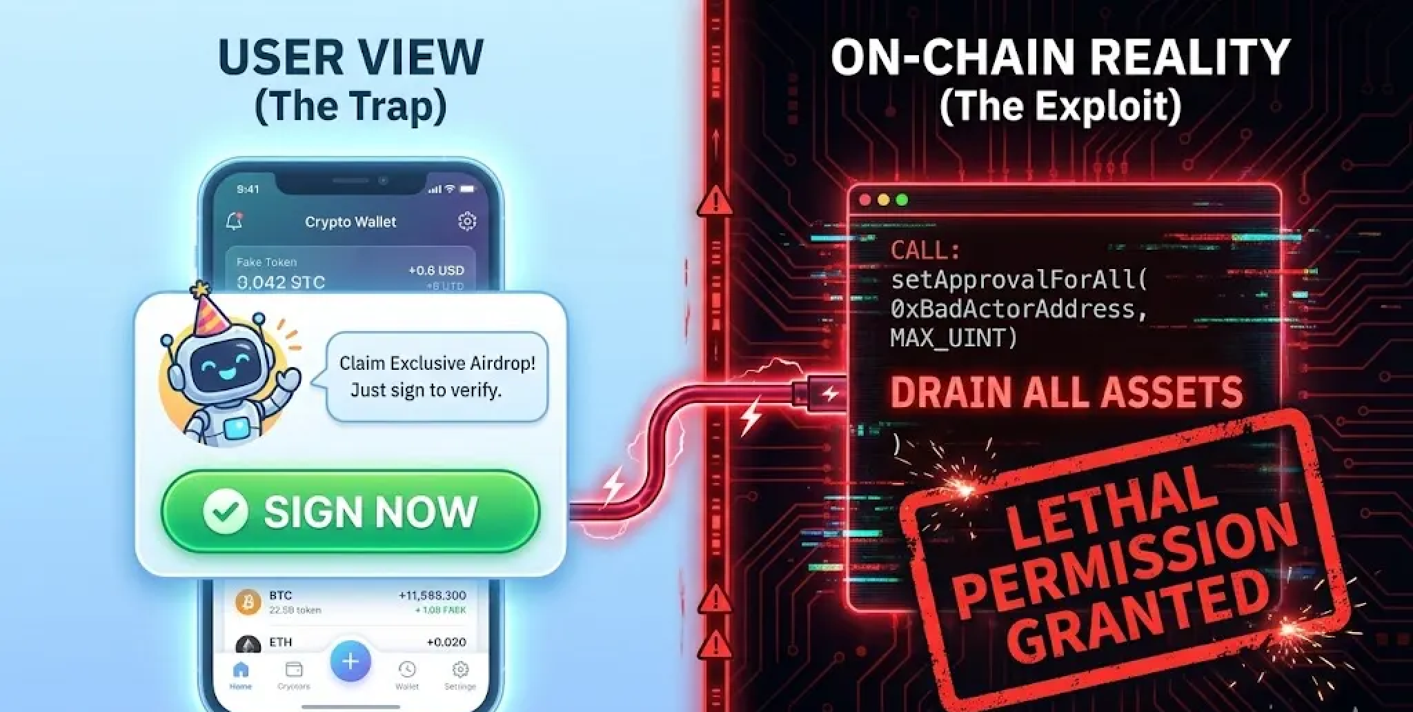 Split illustration showing a deceptive wallet signing attack. On the left, a user&rsquo;s wallet interface prompts &ldquo;Sign now&rdquo; to claim a fake airdrop, representing the user-facing trap. On the right, the on-chain reality reveals a malicious smart contract call granting unlimited approvals, enabling attackers to drain all assets after the signature is given.