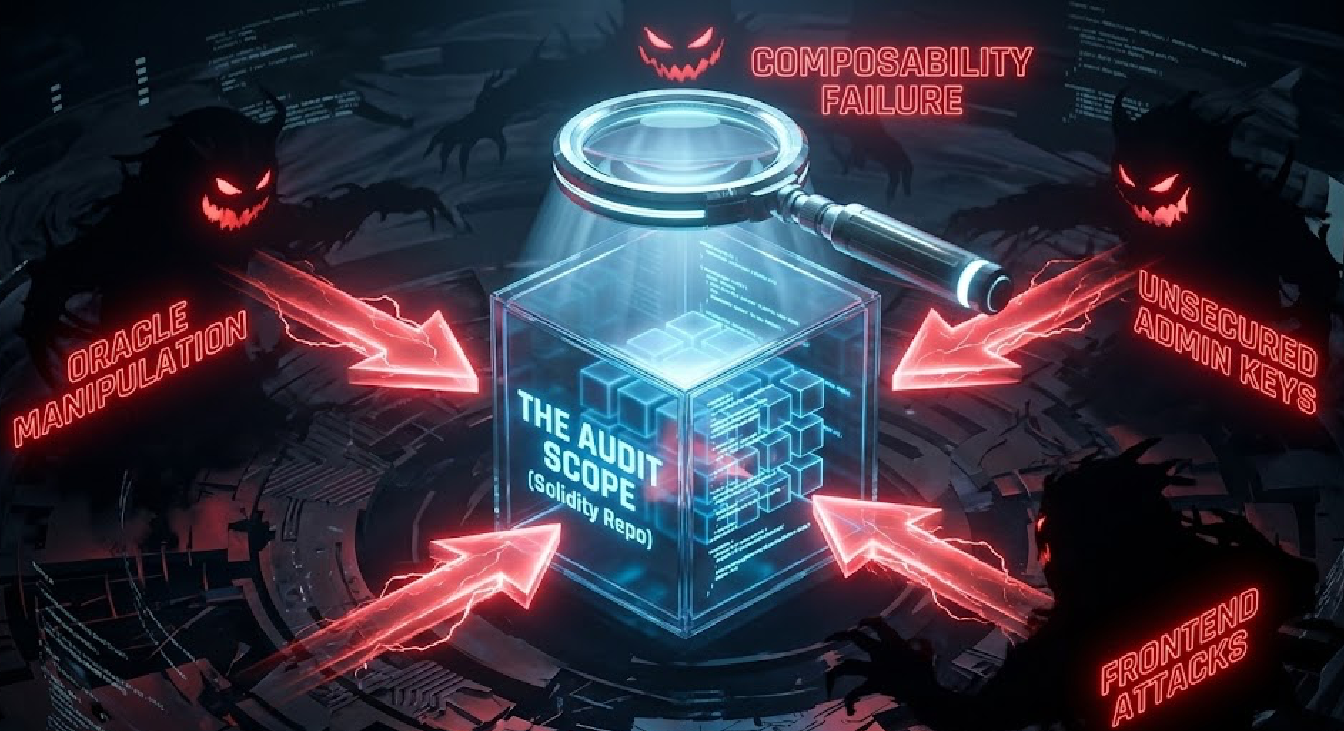 Visual illustrating the limits of smart contract audits, showing an audit scope box focused on a Solidity repository while surrounding threat vectors - oracle manipulation, composability failures, unsecured admin keys, and frontend attacks remain outside the audit boundary and exploited by attackers.
