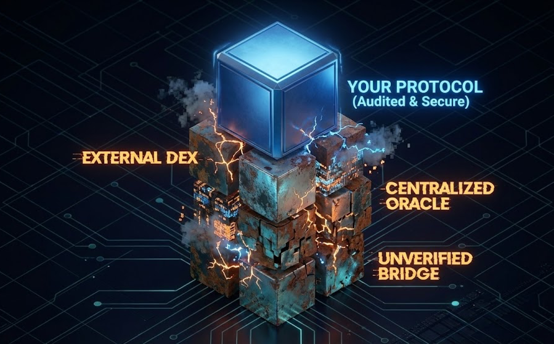 Diagram showing an audited and secure core protocol resting on risky external dependencies, highlighting how unverified bridges, centralized oracles, and external DEX integrations introduce cracks and attack paths outside the audited smart contract core.