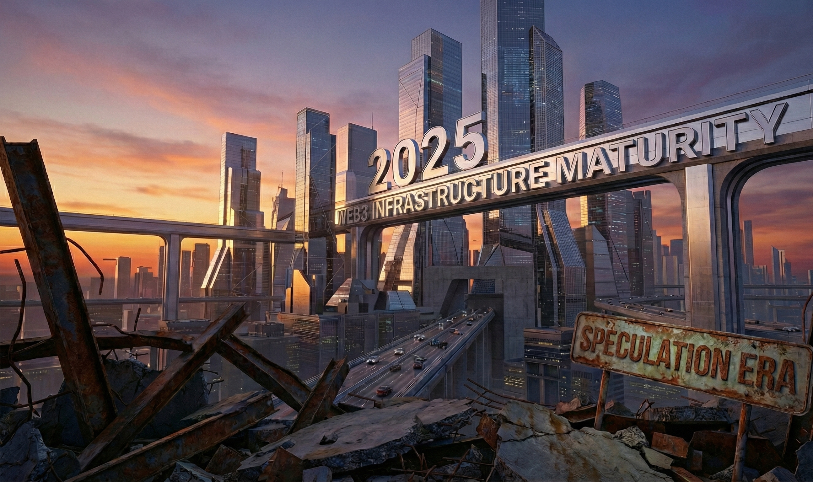Web3 Infrastructure Maturity Era 2025 illustrating digital architecture replacing speculative hype.