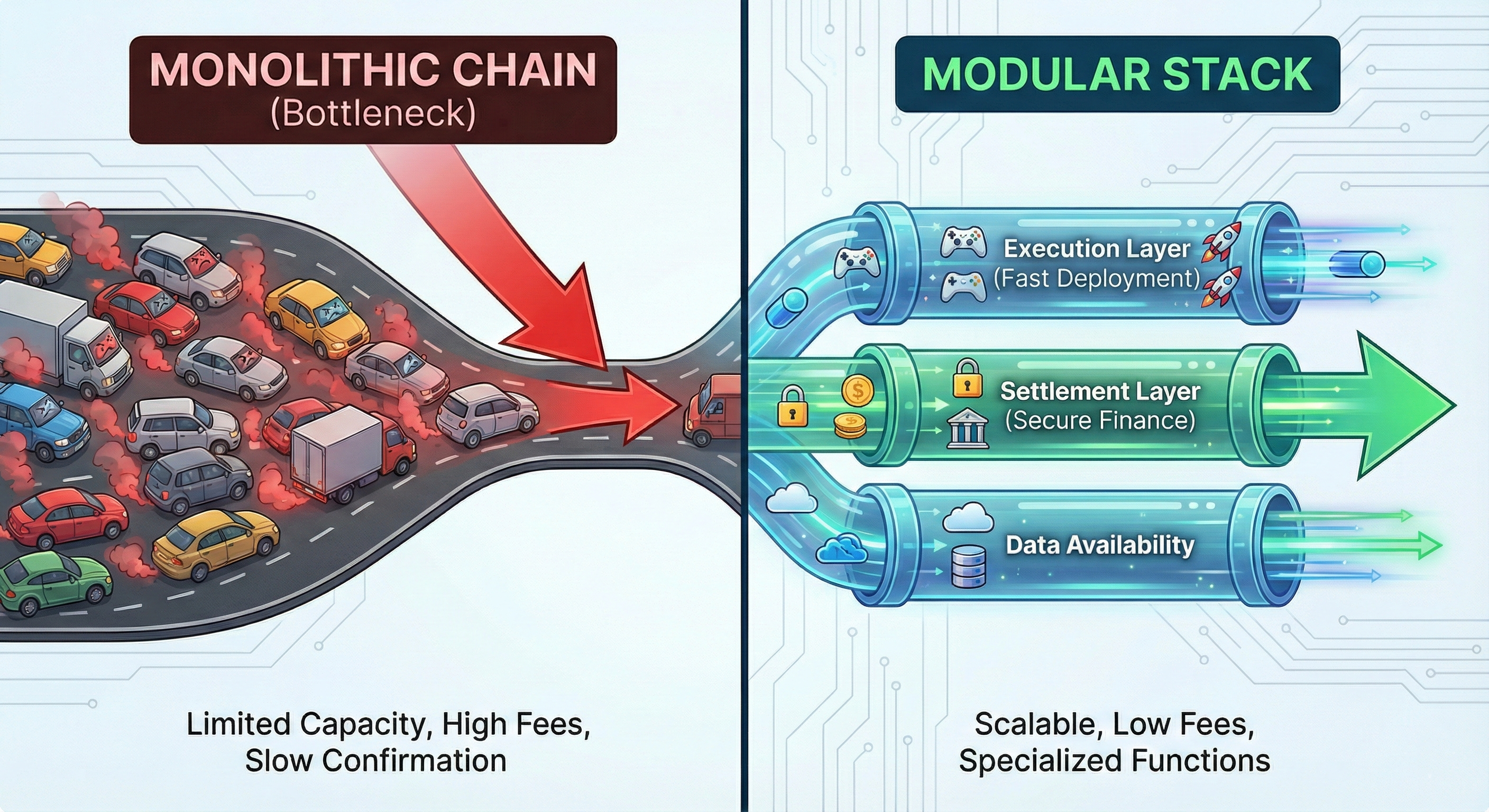 Diagram comparing congested monolithic blockchains with efficient modular chain architecture for Web3 scaling.
