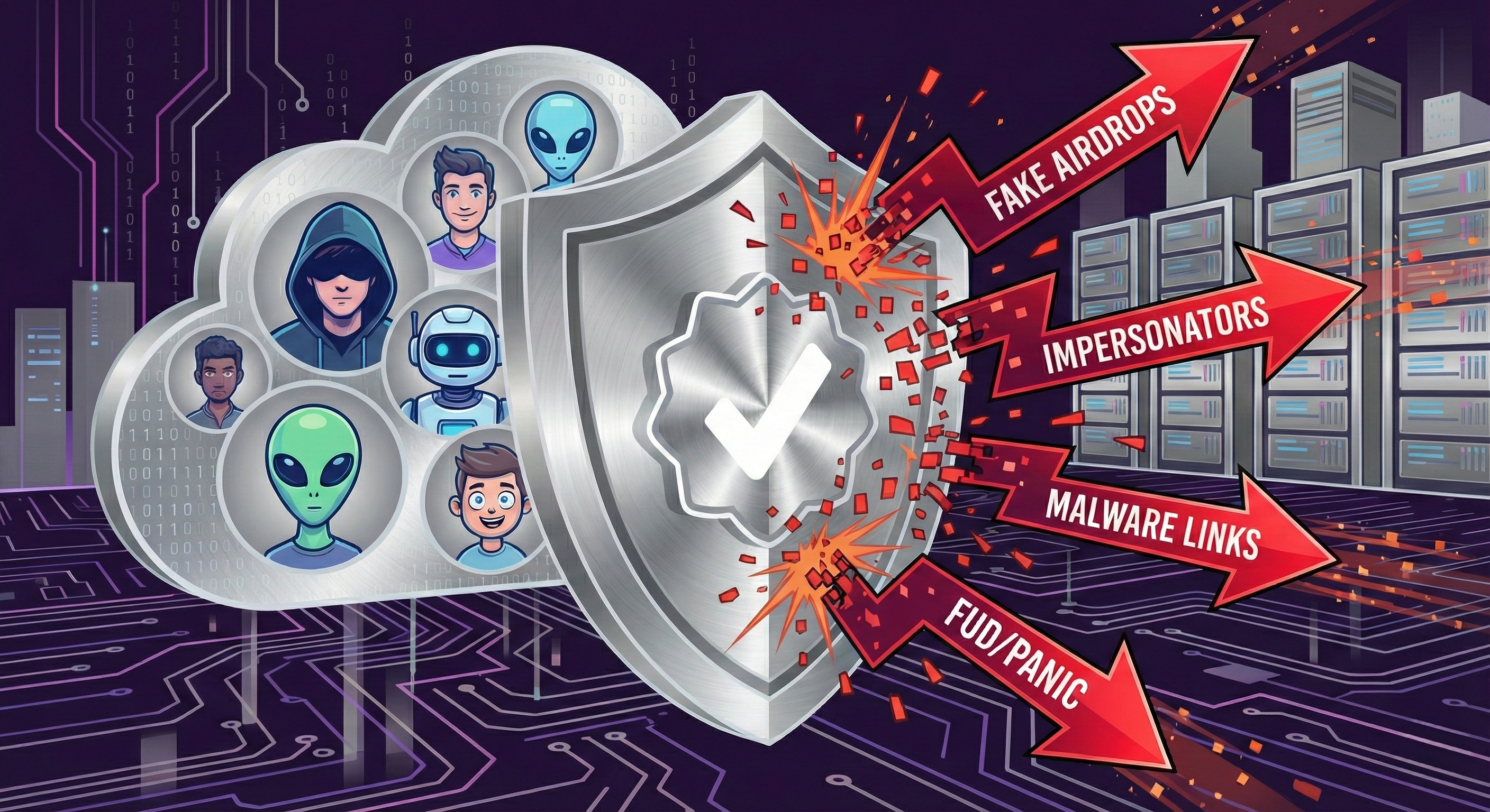 Digital illustration of Web3 social media management acting as a security shield protecting crypto communities from scams, impersonators, and misinformation.