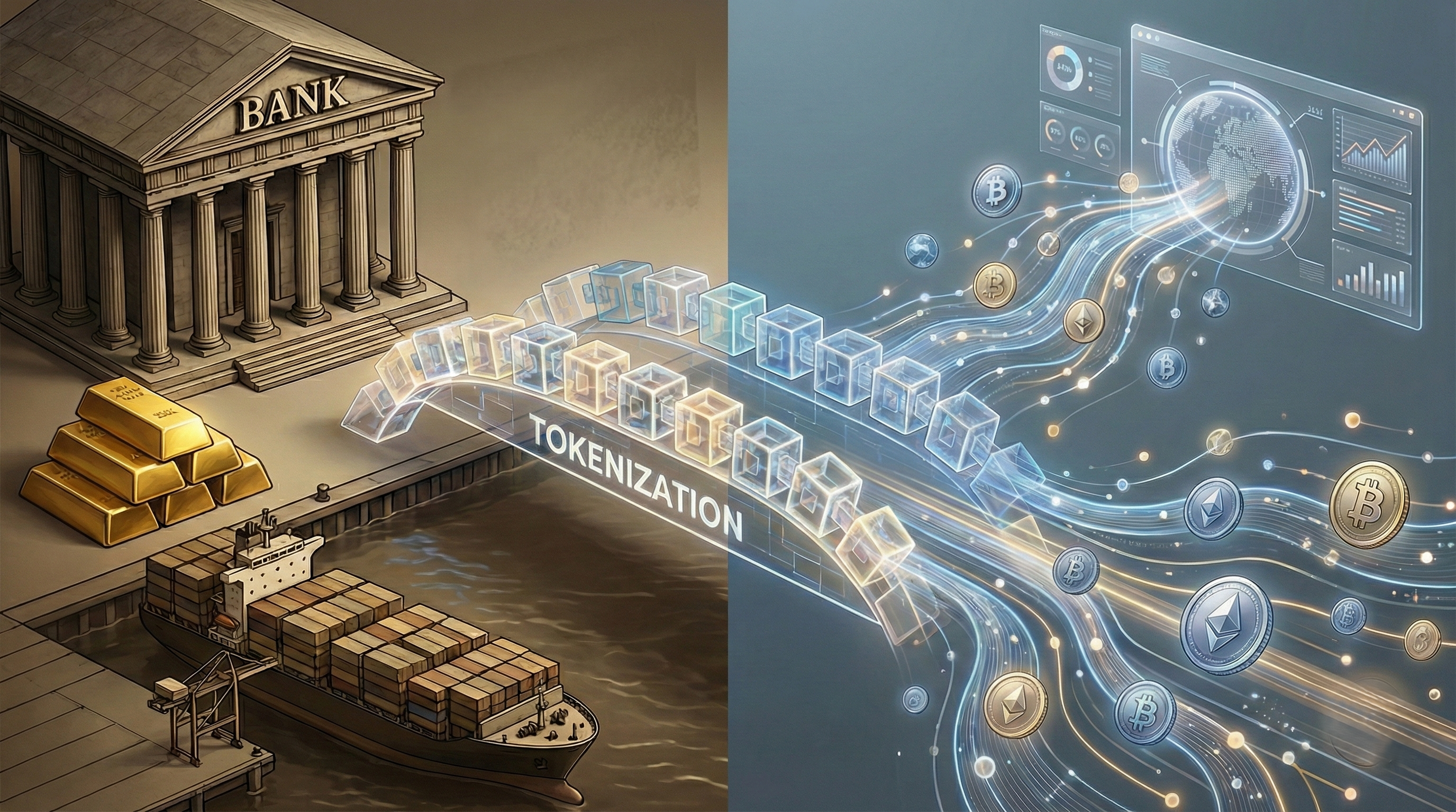 Conceptual illustration showing heavy physical assets like real estate and gold on one side transforming into flowing digital liquidity streams on the other via a bridge labeled tokenization, demonstrating how tokenization unlocks liquidity across asset classes.
