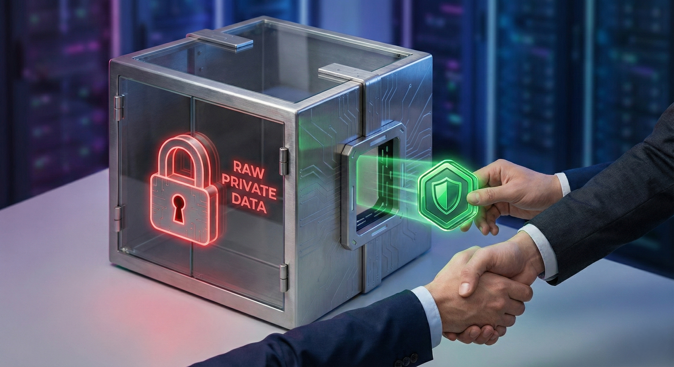 Diagram illustrating secure data tokenization where sensitive raw data remains locked securely in a digital vault, while an encrypted token representing the data's value is safely exchanged between business parties, ensuring privacy-preserving data exchange.