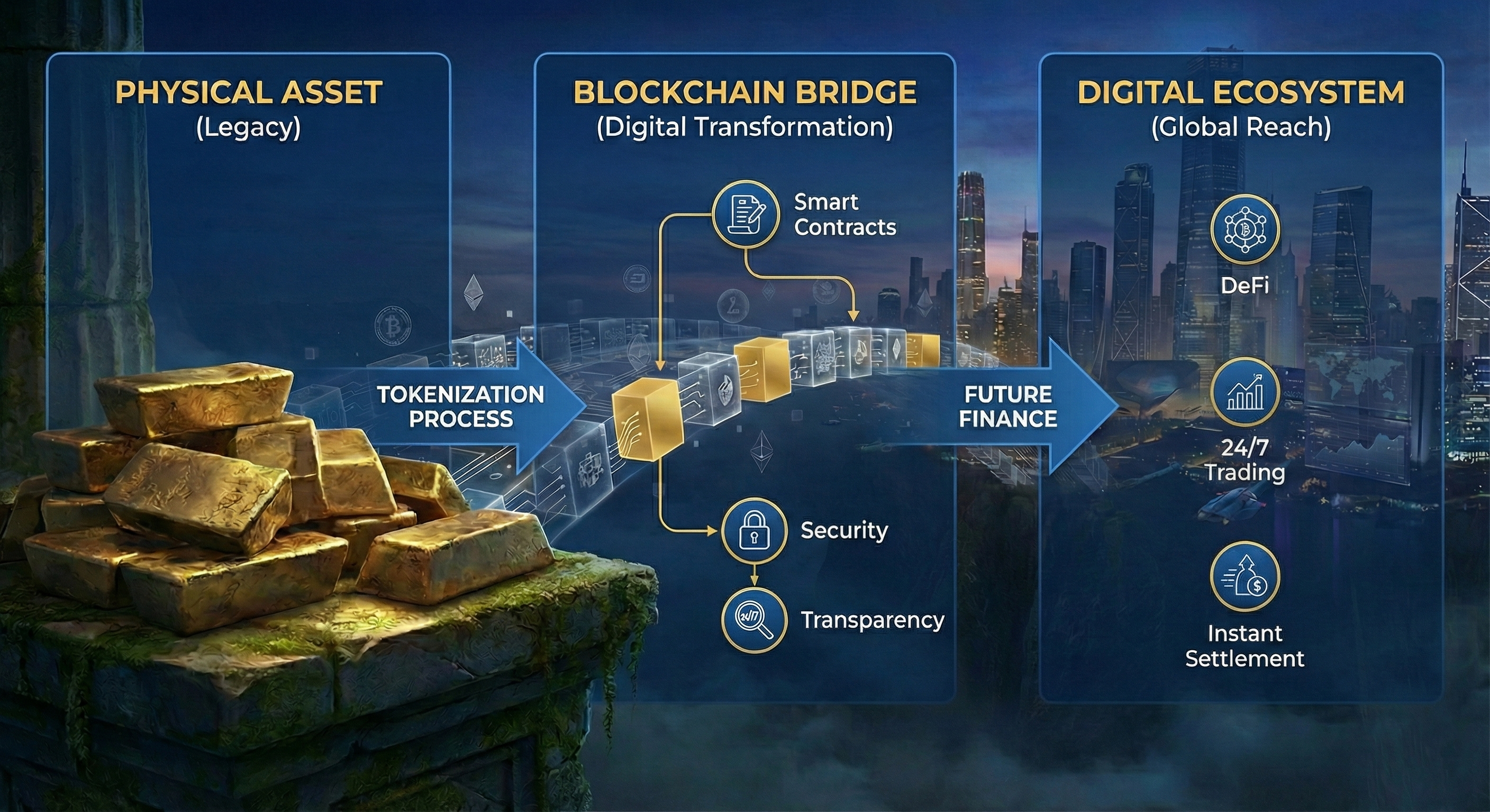 Hero illustration depicting gold tokenization in 2026 bridging traditional physical gold assets with modern digital blockchain infrastructure.