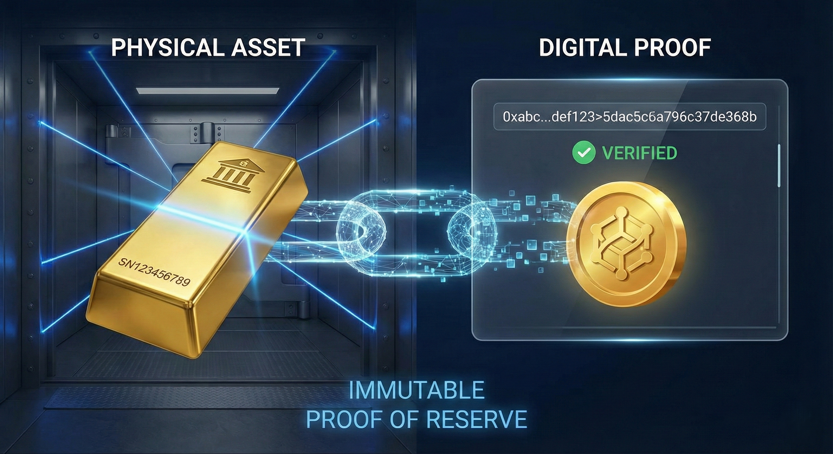 Illustration of the cryptographic verification process showing a physical gold bar in a vault linked securely to its on-chain digital token representation.