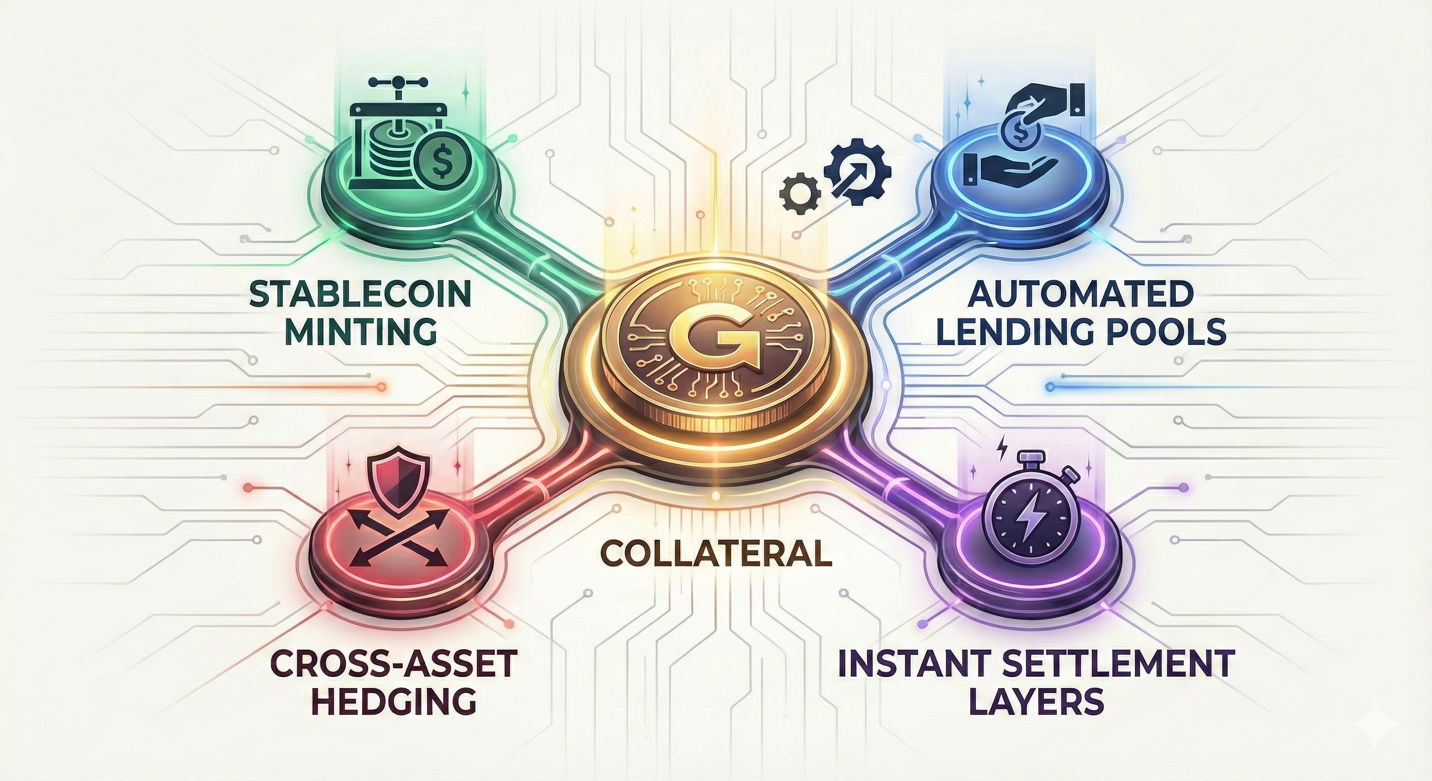 Diagram illustrating tokenized gold acting as programmable collateral within a 2026 on-chain decentralized finance (DeFi) network ecosystem.