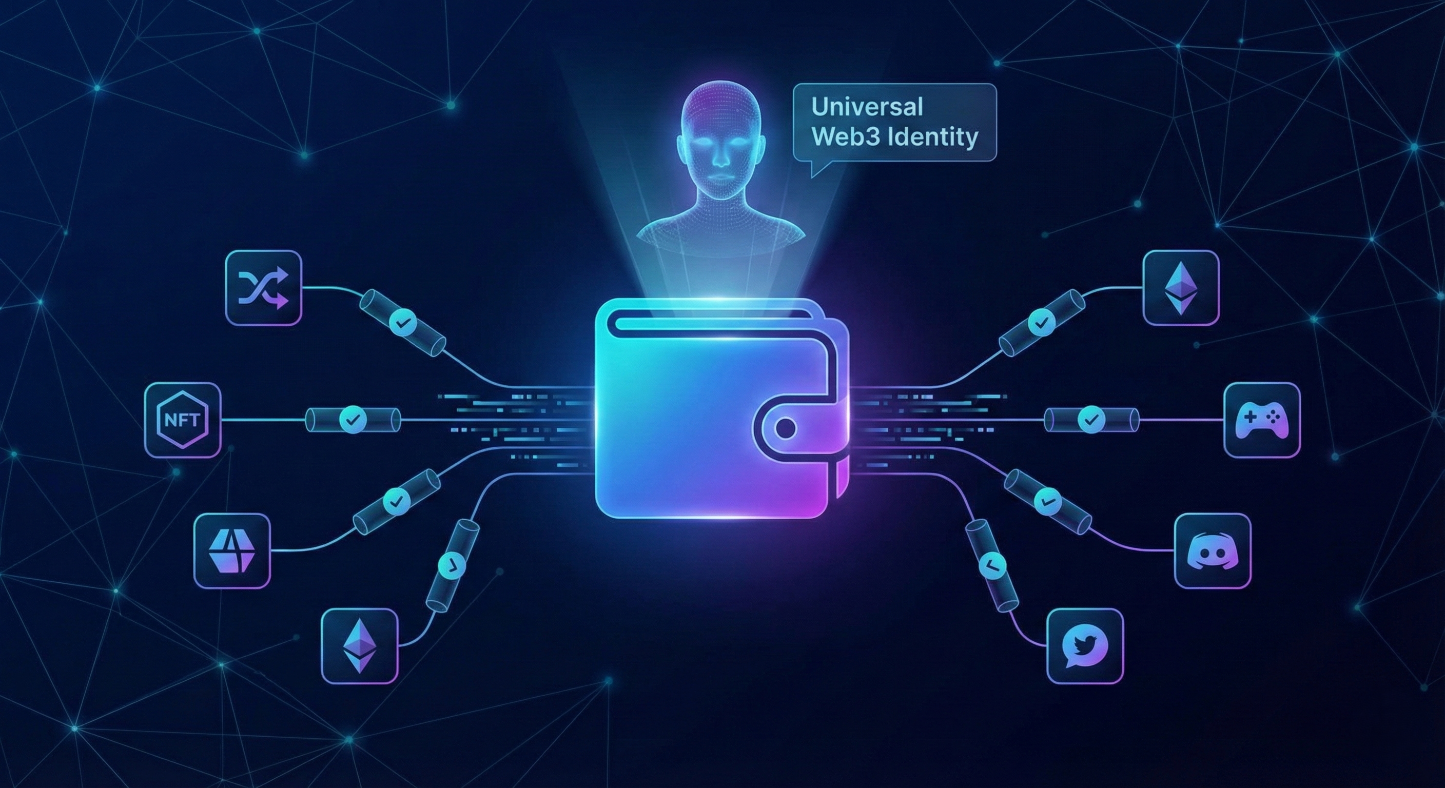 Illustration of a secure Web3 wallet connection interface, showing a user's digital identity being verified across multiple decentralized platforms, replacing traditional login credentials.