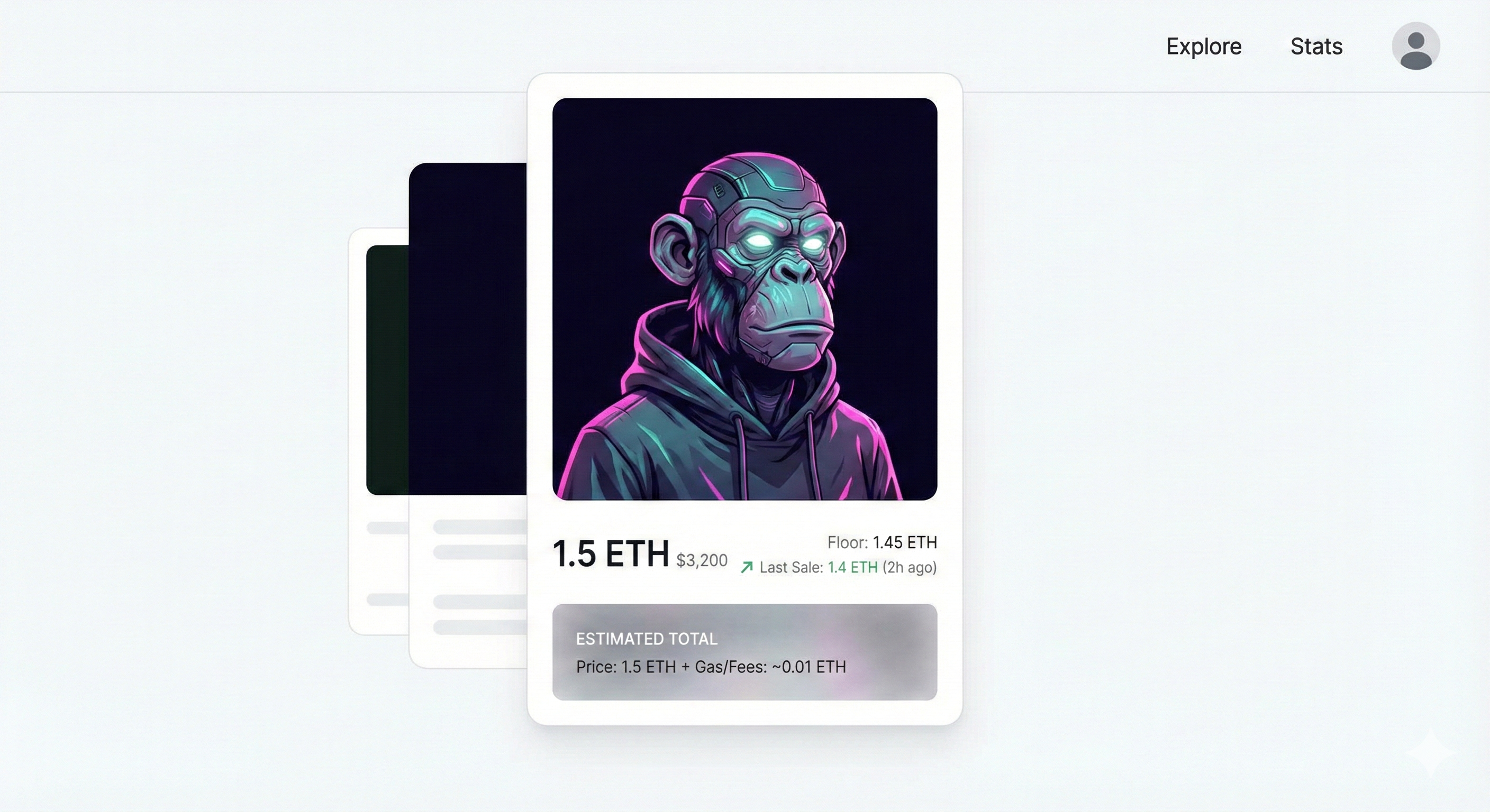 NFT marketplace UI card example demonstrating clear pricing context, showing price history, floor comparison, and transparent transaction fees before checkout.