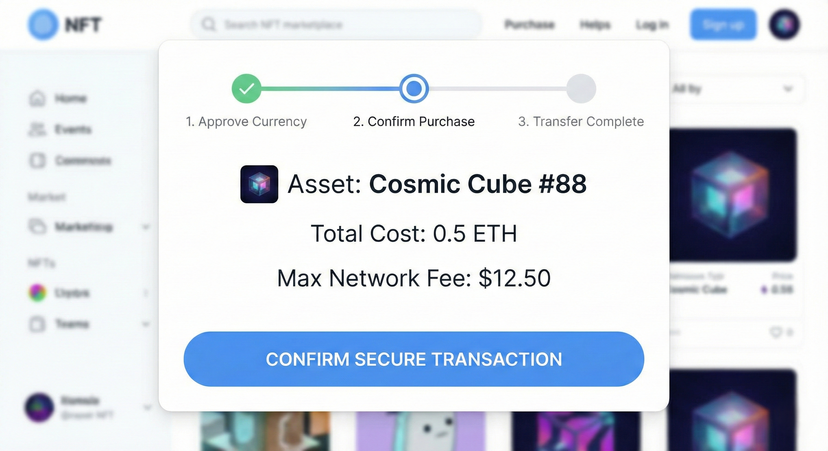 User interface design showing a low-anxiety NFT transaction flow with clear progress steps, transparent cost estimates and reassuring confirmation prompts.