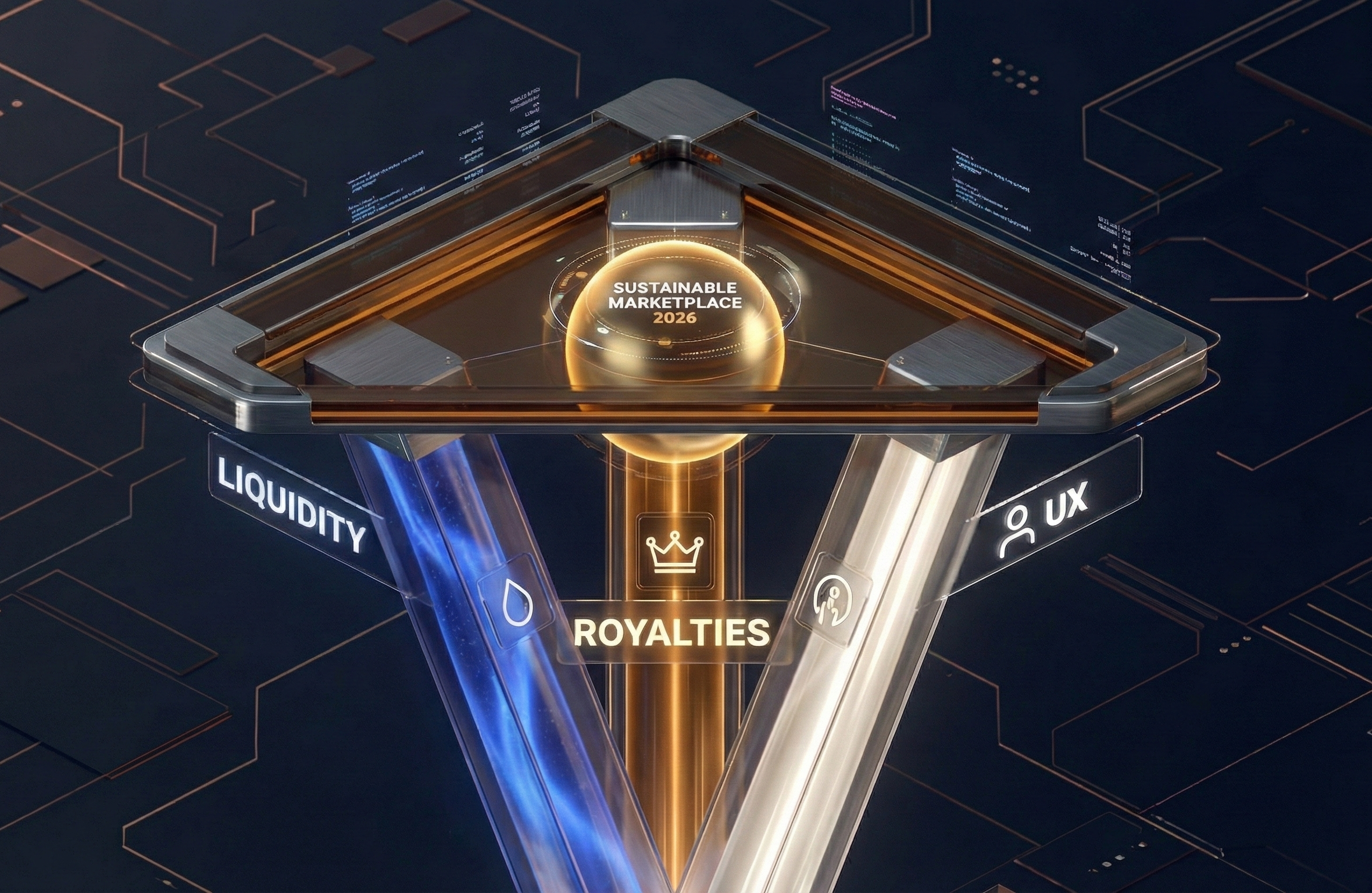 3D illustration showing a modern NFT marketplace supported by three balanced pillars representing Liquidity, Creator Royalties, and User Experience (UX) intersecting to form a sustainable ecosystem.