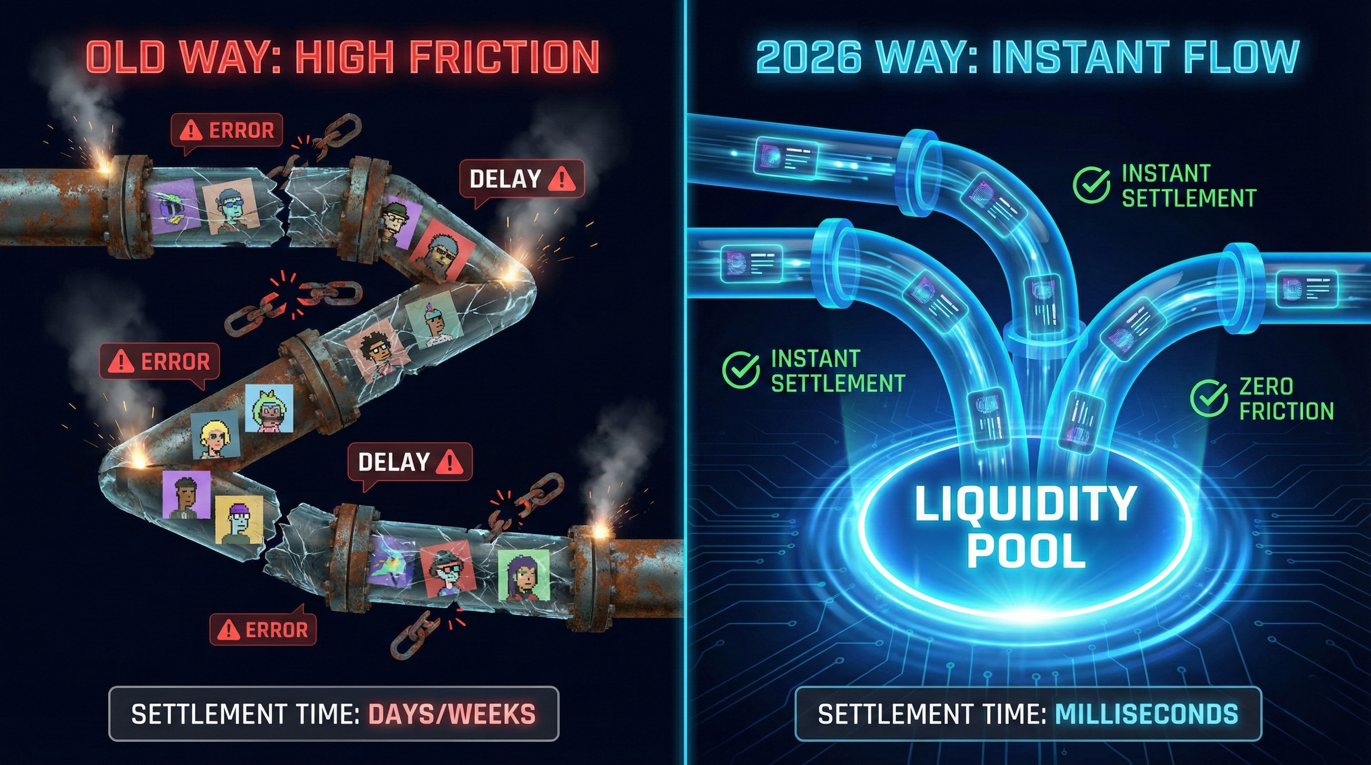 Infographic comparison showing high-friction, traditional NFT trading versus modern, low-friction liquidity pools that ensure instant settlement and smooth asset flow.