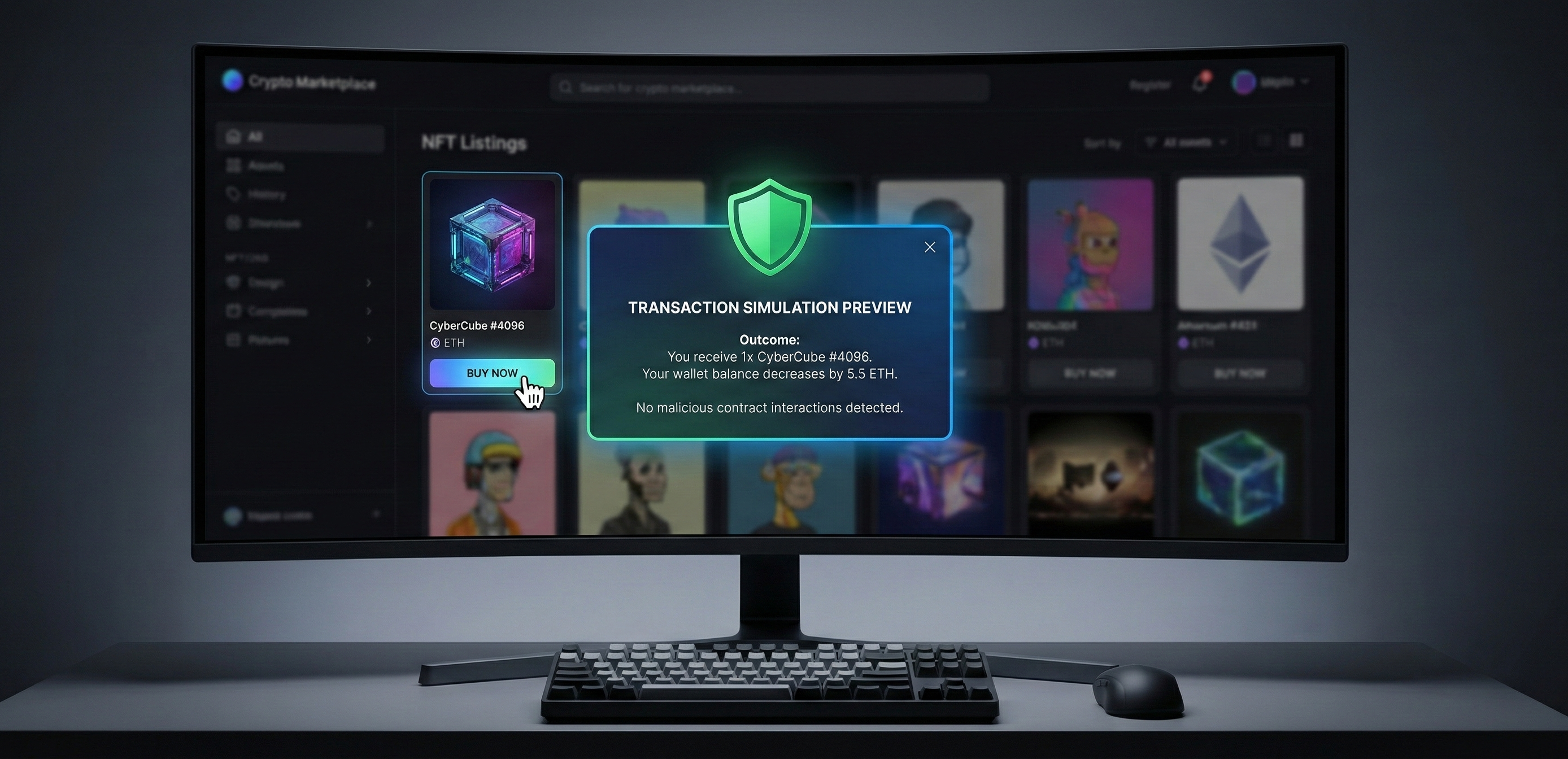 A modern NFT marketplace user interface featuring a transaction simulation preview pop-up that informs the user of the exact outcome and safety status before confirming a purchase.