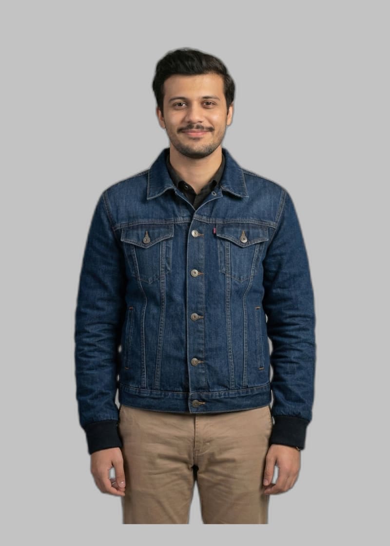 Dressia virtual try-on preview of a denim jacket layered over chinos